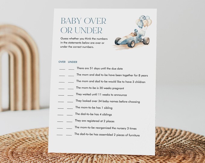 Over or Under Baby Shower Game, Vintage Race Car Boy Baby Shower, Little Racer, Editable Template, Instant Download, Templett  #0068-15BAG