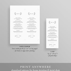 May include: Two printable wedding menu cards with a simple floral design and the text "G+L" and "Genna + Beas 9.12.2020". The cards are 8.5 inches by 11 inches and are for home or copy center printing. The second card is 3.5 inches by 8.5 inches and is for print shop printing.