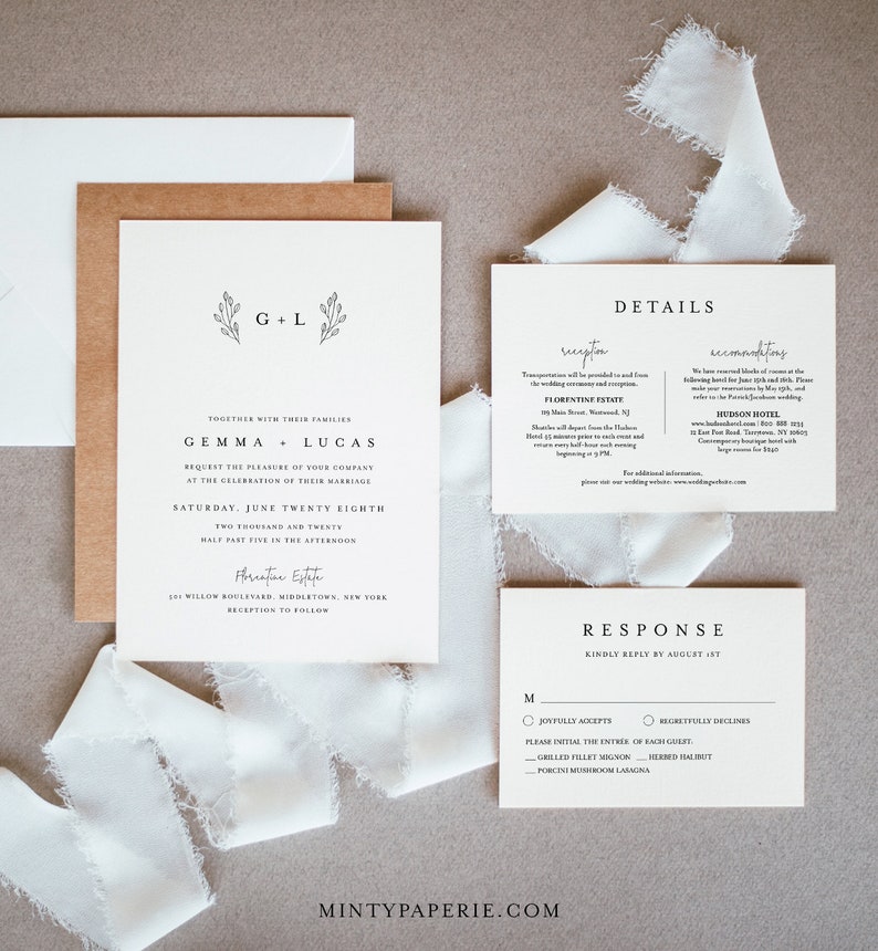 Minimalist Wedding Suite, Simple, Elegant, Clean Wedding Invitation, RSVP, Detail, Editable Template, Instant Download, Templett #095B image 1