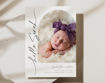 Photo Birth Announcement, Baby Announcement Card, Newborn, Modern, Editable Template, Printable, Instant Download, Templett #0032-111BAC