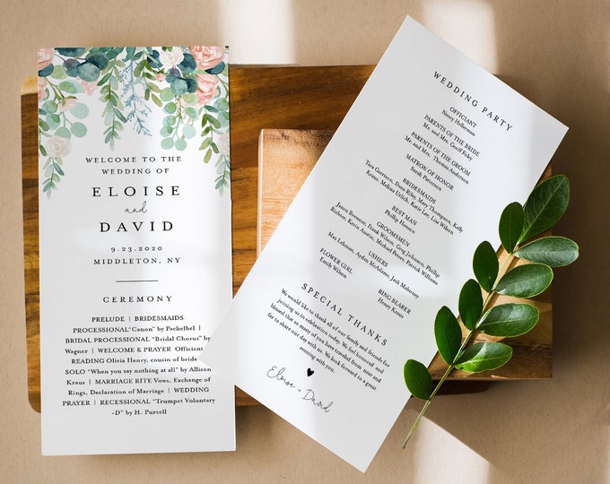 Lush Garden Wedding Program Template, Greenery Order of Service, Editable, Printable Flat Program, Instant Download, Templett #068A-243WP