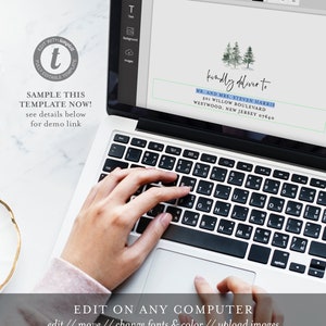 May include: A laptop computer with a white background and a screen displaying a wedding invitation template. The template features a watercolour illustration of pine trees and the text "kindly deliver to" followed by the name and address of the recipient. The text "EDIT ON ANY COMPUTER" is displayed below the laptop.