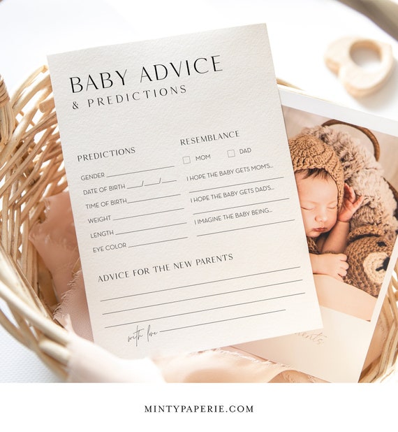 Baby Predictions & Advice Card, Printable Minimalist Baby Shower Game, Editable, DIY Baby Advice, INSTANT DOWNLOAD, Templett #0026B-321BASG