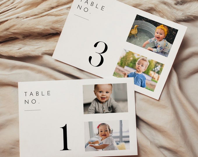 Photo Table Number Card, Baby / Childhood Pictures, Minimalist Wedding Table, Add Your Image, Editable Template, Horz, 4x6, 5x7 #094-216TC