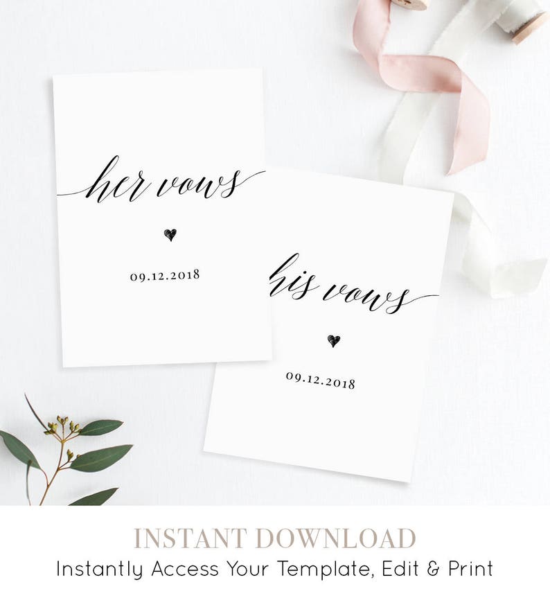 His and Her Wedding Vow Template, Personalized Vow Booklet, Custom Wedding Vows, Printable, 100% Editable, 5x7 Folded Card, Templett 034-WV image 1