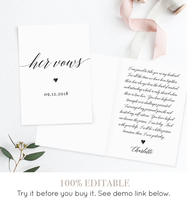 His and Her Wedding Vow Template, Personalized Vow Booklet, Custom Wedding Vows, Printable, 100% Editable, 5x7 Folded Card, Templett 034-WV image 3