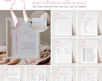 Pink Bow Baby Shower Game Bundle, 31 Games, Coquette Ribbon Girl Baby Shower, Editable Template, Instant Download, Templett #0057-BBGB