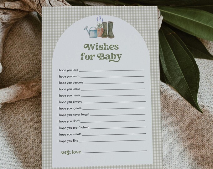 Wishes For Baby Card, Advice for Baby, Locally Grown Baby Shower, Garden, Gender Neutral, Editable Template, Templett, 5x7 #0059-29BAG