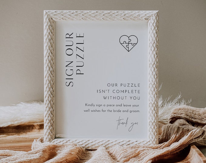 Puzzle Guestbook Sign, Wedding Jigsaw Puzzle Piece Sign, Editable Template, Minimalist, Printable, Instant Download, Templett #0026B-53S