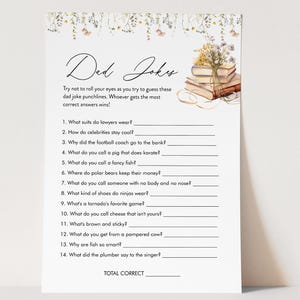 May include: A printable game card with a floral design and a stack of books. The card has the title "Dad Jokes" and includes 14 questions and a space to write down the total number of correct answers.