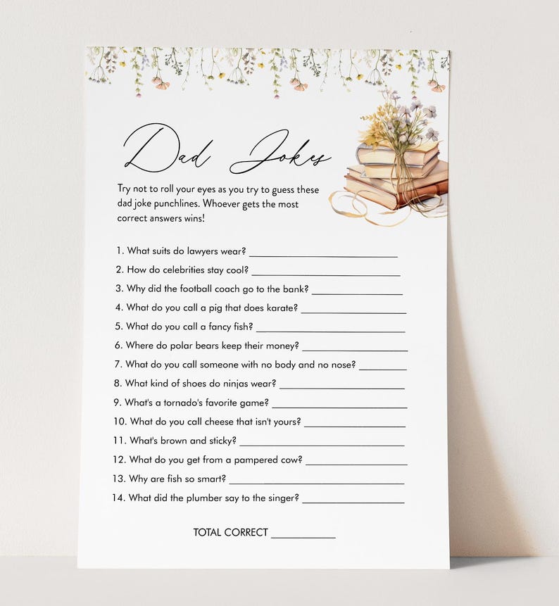 May include: A printable game card with a floral design and a stack of books. The card has the title "Dad Jokes" and includes 14 questions and a space to write down the total number of correct answers.