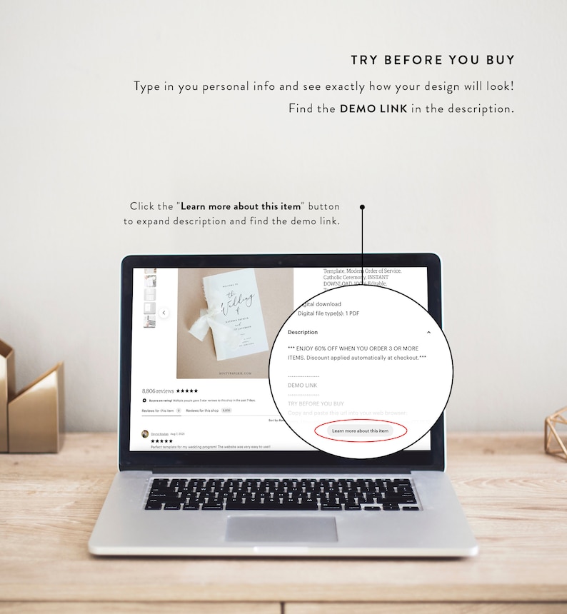 Puede incluir: Una pantalla de computadora port&aacute;til que muestra un sitio web con una plantilla de invitaci&oacute;n de boda. El sitio web tiene un bot&oacute;n que dice "M&aacute;s informaci&oacute;n sobre este art&iacute;culo". El texto en la pantalla dice "PRUEBA ANTES DE COMPRAR" y "DISFRUTA DE UN 60% DE DESCUENTO AL PEDIR 3 O M&Aacute;S ART&Iacute;CULOS. Descuento aplicado autom&aacute;ticamente al finalizar la compra."