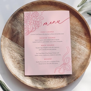 Menú de mercado fresco, tarjeta de menú imprimible para baby shower o boda con fresas, coqueta, plantilla editable, descarga instantánea, Templett n.° 0058B-167WM