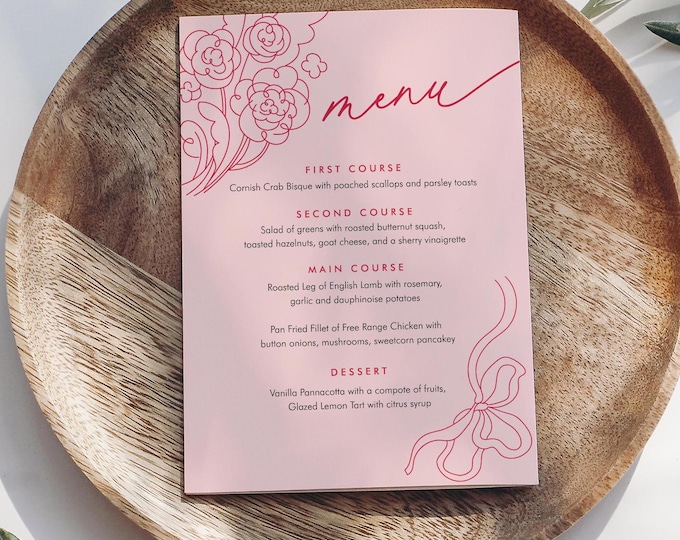 Fresh Market Menu, Printable Strawberry Bridal / Baby Shower Menu Card, Coquette, Editable Template, Instant Download, Templett #0058B-167WM