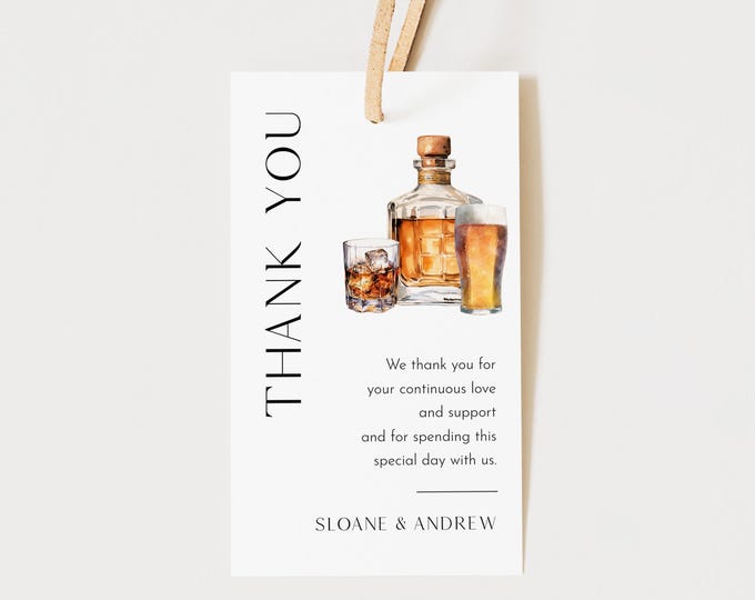 Bourbon and Brews Favor Tag for Bridal Shower or Wedding, Beer & Bourbon Thank You Tag, Editable Text, Templett, 2x3.5 #0026H-210FT