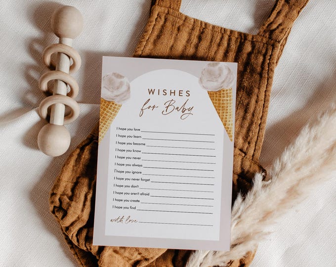 Wishes For Baby Card, Advice for Baby, Ice Cream Baby Shower, Sweet, Summer, Scoop, Editable Template, Instant, Templett, 5x7 #0035-29BAG