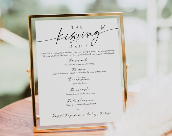 Kissing Menu Card & Wedding Kissing Menu Sign, Printable Wedding Game, Editable Template, Instant Download, Templett, 8x10 #0034W-78S