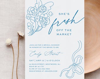 Fresh Off the Market Bridal Shower Invitation Template, Coquette Flowers Bouquet Ribbon Bow Wedding Shower Invite, Editable #0058A-358BS