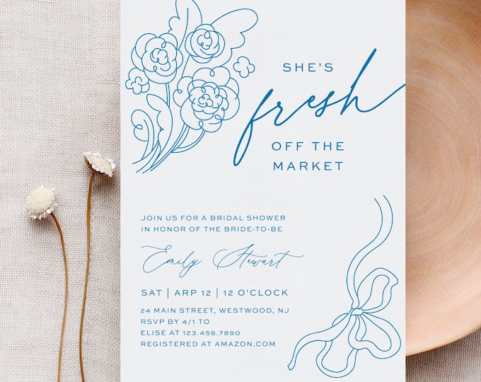 Fresh Off the Market Bridal Shower Invitation Template, Coquette Flowers Bouquet Ribbon Bow Wedding Shower Invite, Editable #0058A-358BS