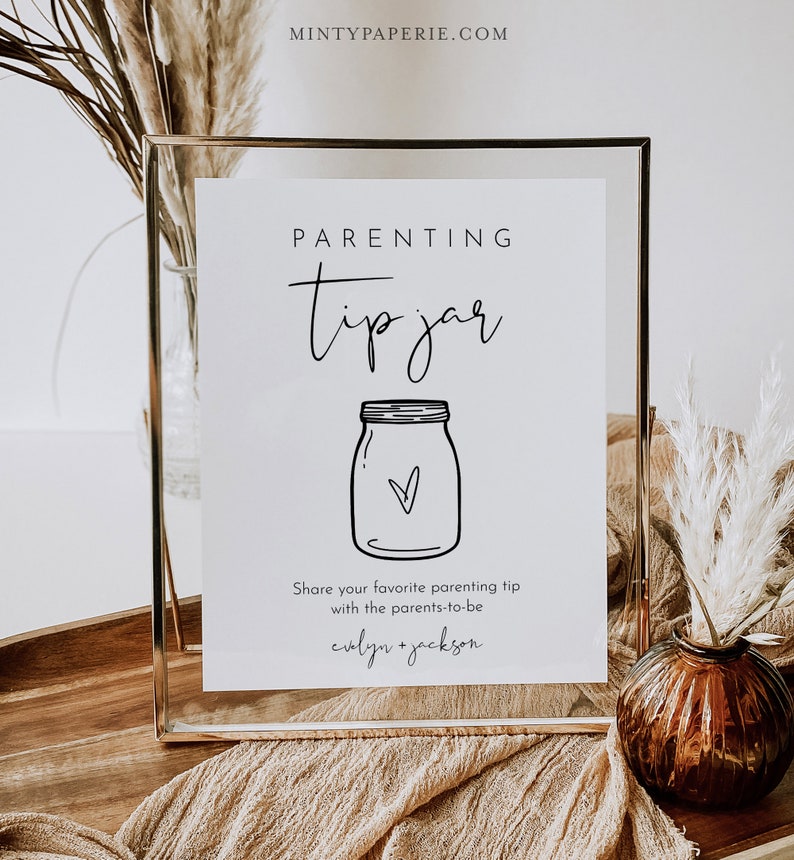 Parenting Tip Jar Sign and Advice Card, Baby Shower Advice, Editable Template, Personalize Names, Instant Download, Templett 0031-117AC image 2