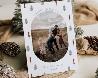 Bohemian Holiday Card Template, Hygge Modern Boho Photo Christmas Card, Editable, Add Your Own Photo, Instant Download, Templett, 5x7 #144HP