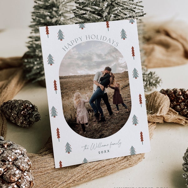 Bohemian Holiday Card Template, Hygge Modern Boho Photo Christmas Card, Editable, Add Your Own Photo, Instant Download, Templett, 5x7 #144HP