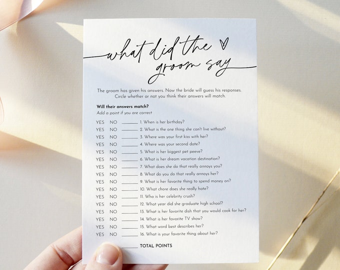 What Did the Groom Say, Minimalist Bridal Shower Game, Printable Bridal Game, Editable Template, Instant Download, Templett 5x7 #0032-08BRG