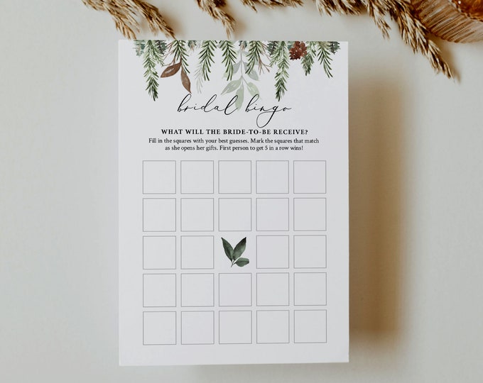 Winter Bridal Bingo Game, Bridal Shower Printable, Pine Bridal Shower Bingo Game Template, Instant Download, Editable, Templett #0017-338BG