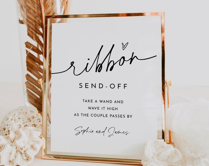 Ribbon Send Off Sign, Printable Minimalist Wedding Streamer, Wave a Wand, Editable Template, Instant Download, Templett, 8x10 #0032-76S