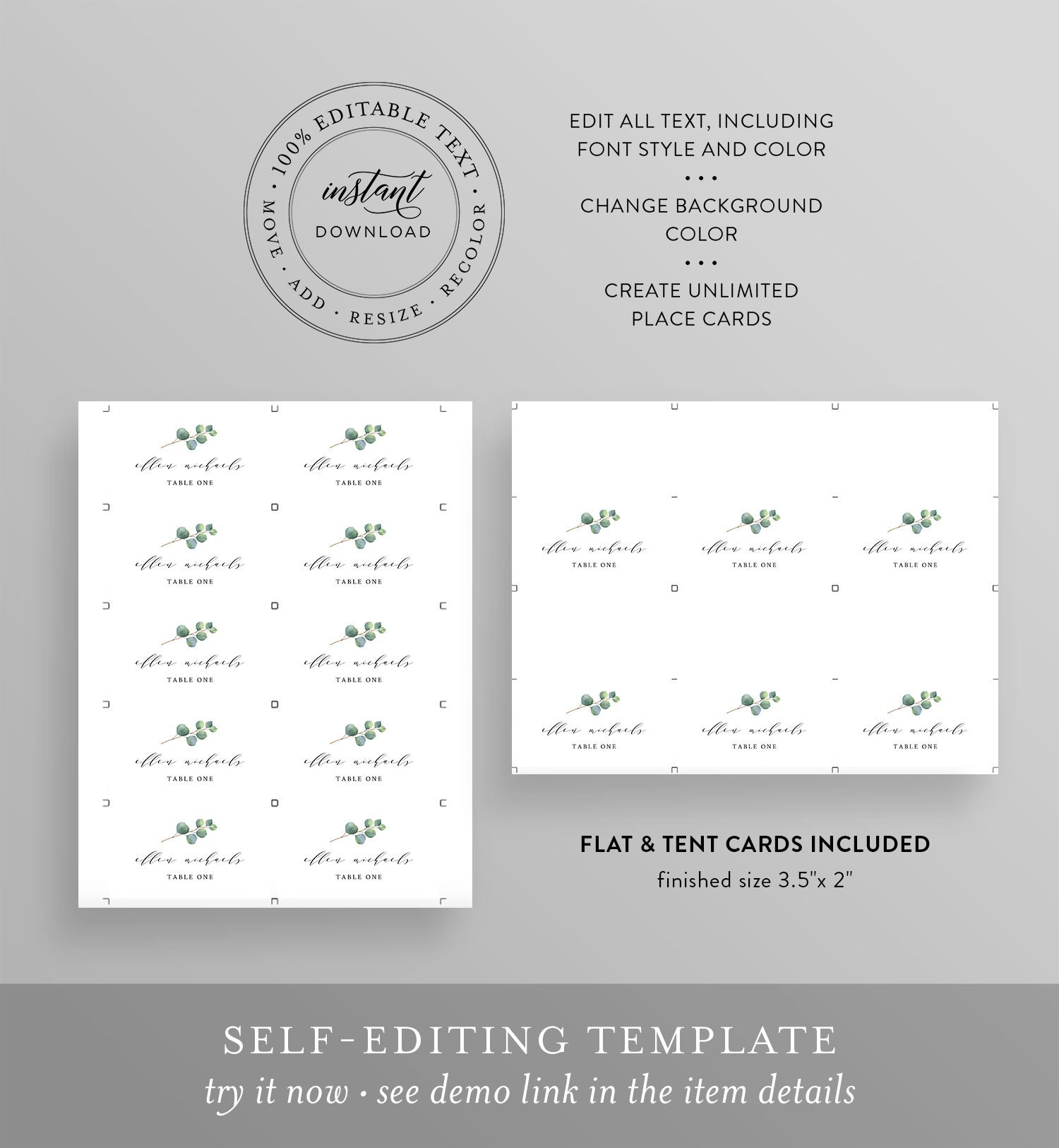 Eucalyptus Place Card Template, INSTANT DOWNLOAD, Printable Regarding Michaels Place Card Template