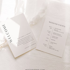 Carta de bienvenida moderna y plantilla de línea de tiempo, orden de eventos de boda minimalista, itinerario, descarga instantánea, texto 100% editable #0026B-179WB
