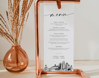 Miami Menu, Printable Miami Florida City Skyline Wedding Dinner Menu Card, Editable Template, Instant Download, Templett #0047-231WM