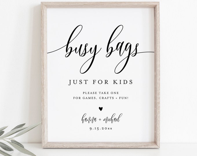 Kids Busy Bag Sign, Wedding Kids Arts and Craft Bag, Kids Wedding Favor, 100% Editable Template, Instant Download, Templett, 8x10 #008-42S