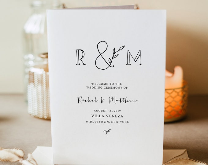 Rustic Wedding Program Template, INSTANT DOWNLOAD, Order of Service, Folded Ceremony Program, 100% Editable, Kraft, Monogram  #042-120WP