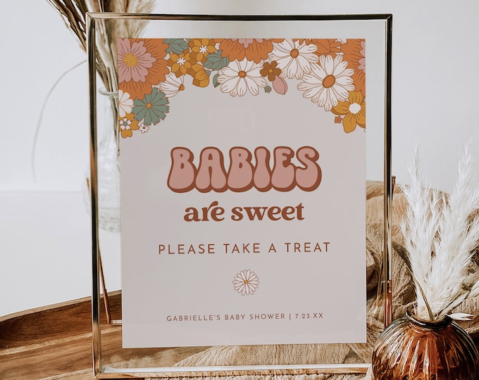 Baby Shower Favor Sign, Babies are Sweet, Take a Treat, Groovy Retro Baby Shower, Editable Template, Instant Download, Templett  #050-02S