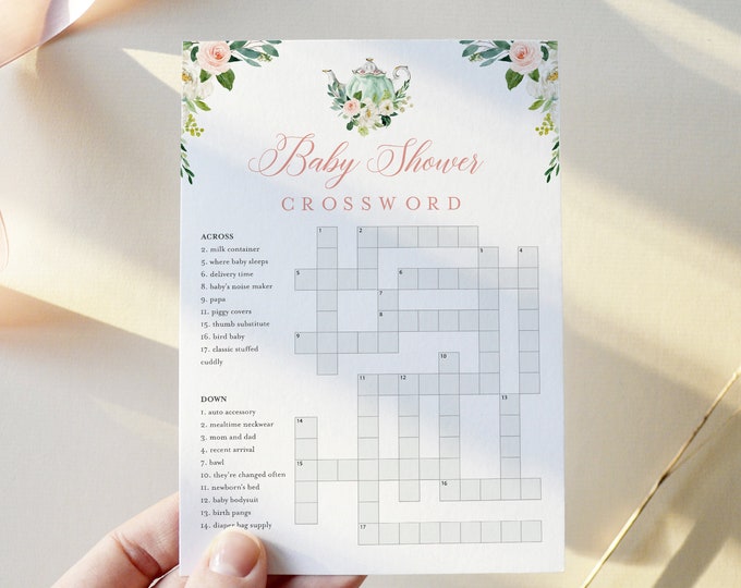 Baby Crossword Puzzle, Tea Party Baby Shower Game, Printable Crossword Game with Answer Key, Instant Download, Templett, 5x7 #085-401BASG
