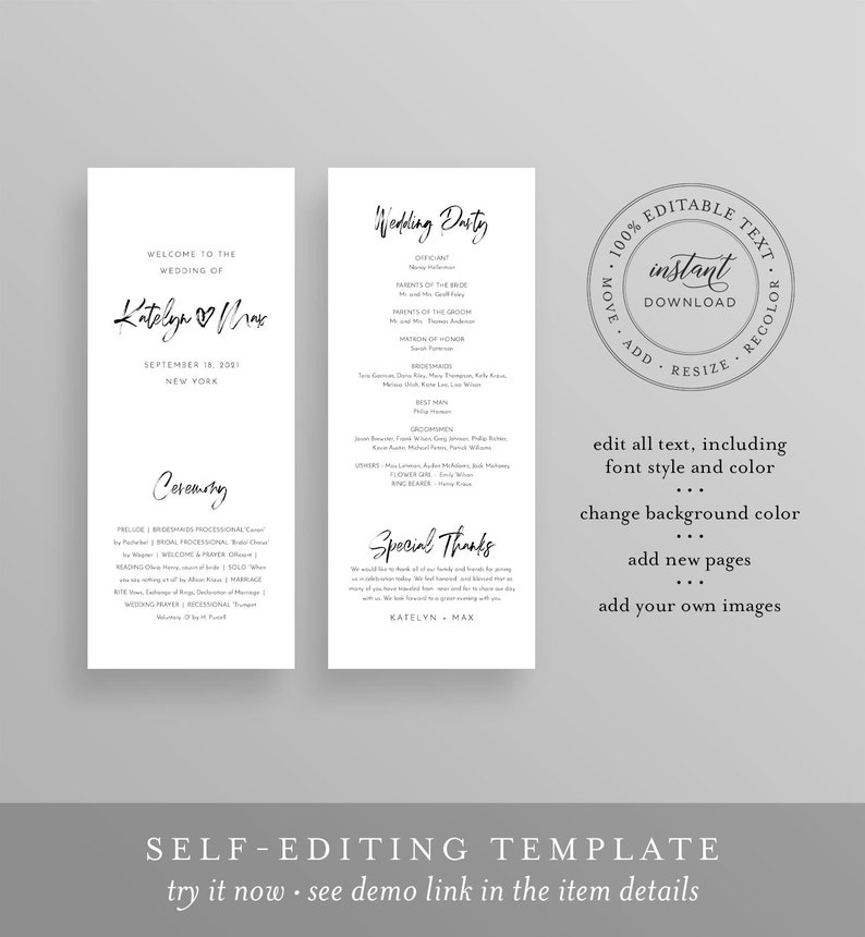 May include: Editable wedding ceremony programme template with black text on a white background. The template includes the names "Katelyn & Max", the date "September 18, 2021", and the location "New York". The template also includes a wedding party list and a special thanks section.