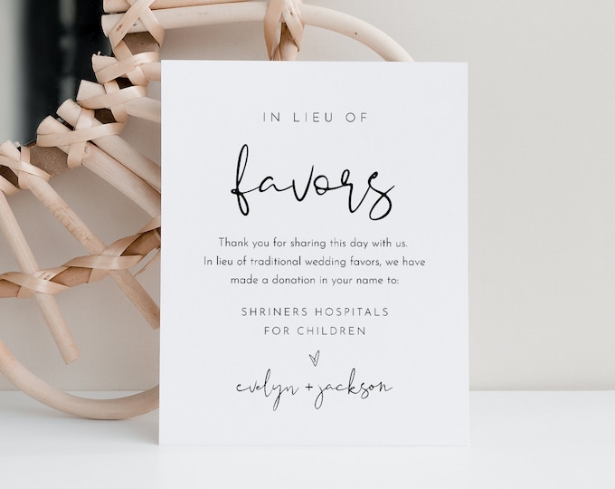 In Lieu of Favors Sign Template, Minimalist Wedding Donation Sign, Editable Charity Card, Instant Download, Printable, Templett #0031-09S