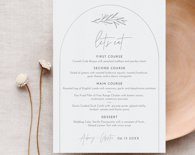 Minimalist Arc Menu Template, Printable Modern & Simple Wedding Dinner Menu Card, 100% Editable, INSTANT DOWNLOAD, Templett #0030-213WM