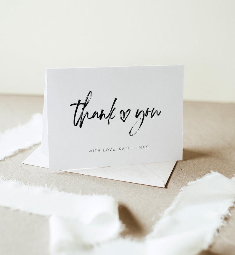 Editable Template Modern Script Thank You Folded Card Heart Wedding Bridal Shower Note Templett #090-154TYC Instant Download