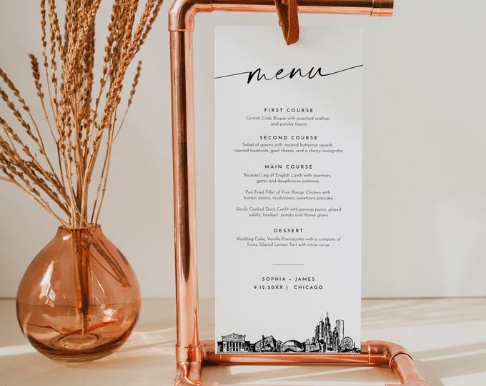 Chicago Menu, Printable Chicago City Skyline Wedding Dinner Menu Card, Editable Template, Instant Download, Templett #0047-231WM