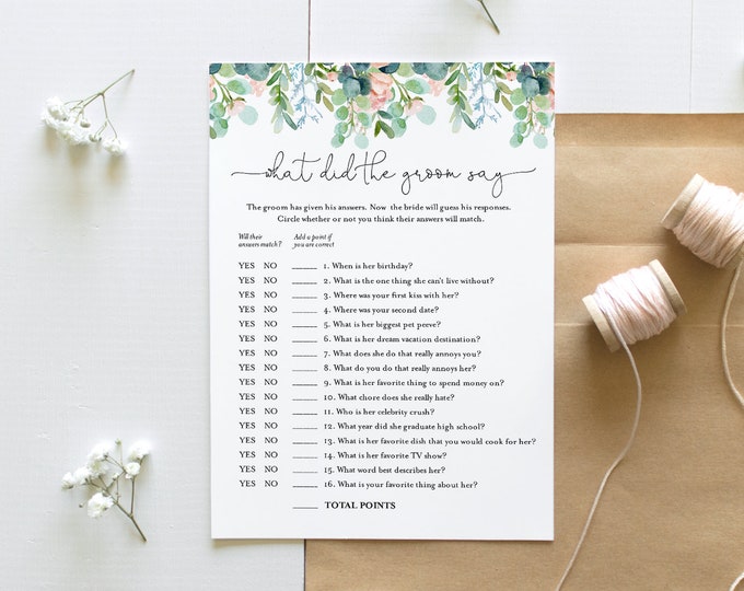 What Did the Groom Say, Bridal Shower Game, Printable Lush Garden Bridal Game, Editable Template, Instant Download, Templett 5x7 #068A-289BG