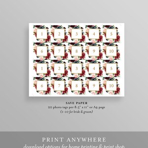 May include: Printable photo tags with a floral design in shades of burgundy, pink, and blue. The tags are numbered 1-10 and are arranged in a grid. The text "SAVE PAPER" and "20 photo tags per 8.5" x 11" or A4 page (1-10 for bride & groom)" is printed below the grid. The text "PRINT ANYWHERE download options for home printing & print shop" is printed below the text.