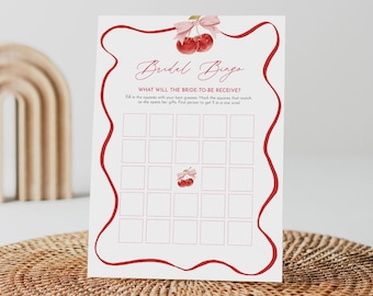 Cherry Bridal Bingo Game, Coquette Cherry Bridal Shower Game Printable, Editable Template, Instant Download, Templett, 5x7 #0056-01BRG