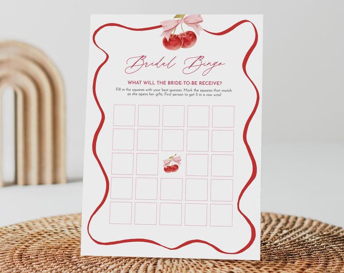 Cherry Bridal Bingo Game, Coquette Cherry Bridal Shower Game Printable, Editable Template, Instant Download, Templett, 5x7 #0056-01BRG