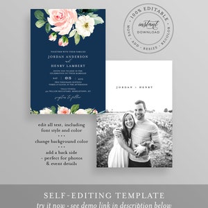 Editable Wedding Invitation Template, Printable Invite, RSVP, Details, Blush Boho Florals, Greenery and Gold, INSTANT DOWNLOAD, DiY #043D image 3