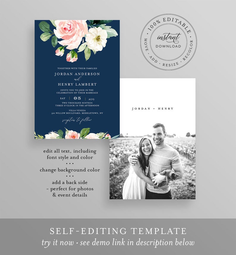 Editable Wedding Invitation Template, Printable Invite, RSVP, Details, Blush Boho Florals, Greenery and Gold, INSTANT DOWNLOAD, DiY #043D image 3