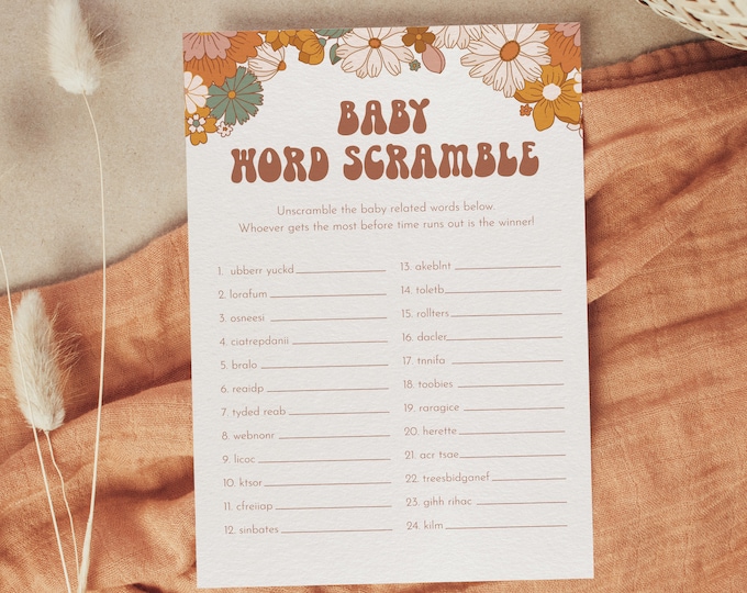 Baby Word Scramble Game, Printable Retro Groovy Baby Word Puzzle, Baby Shower Game, Editable Template, Instant, Templett #050-330BASG