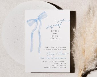 Bow Baby Shower Invitation, Coquette Blue Ribbon, Boy Baby Shower Invite, Editable Template, Instant Download, Templett #0057-253BA