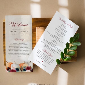 May include: Wedding ceremony program with a fall theme. The program features the names of the couple, Sarah and Edward, and the wedding date. The program includes the wedding party and a thank you message.